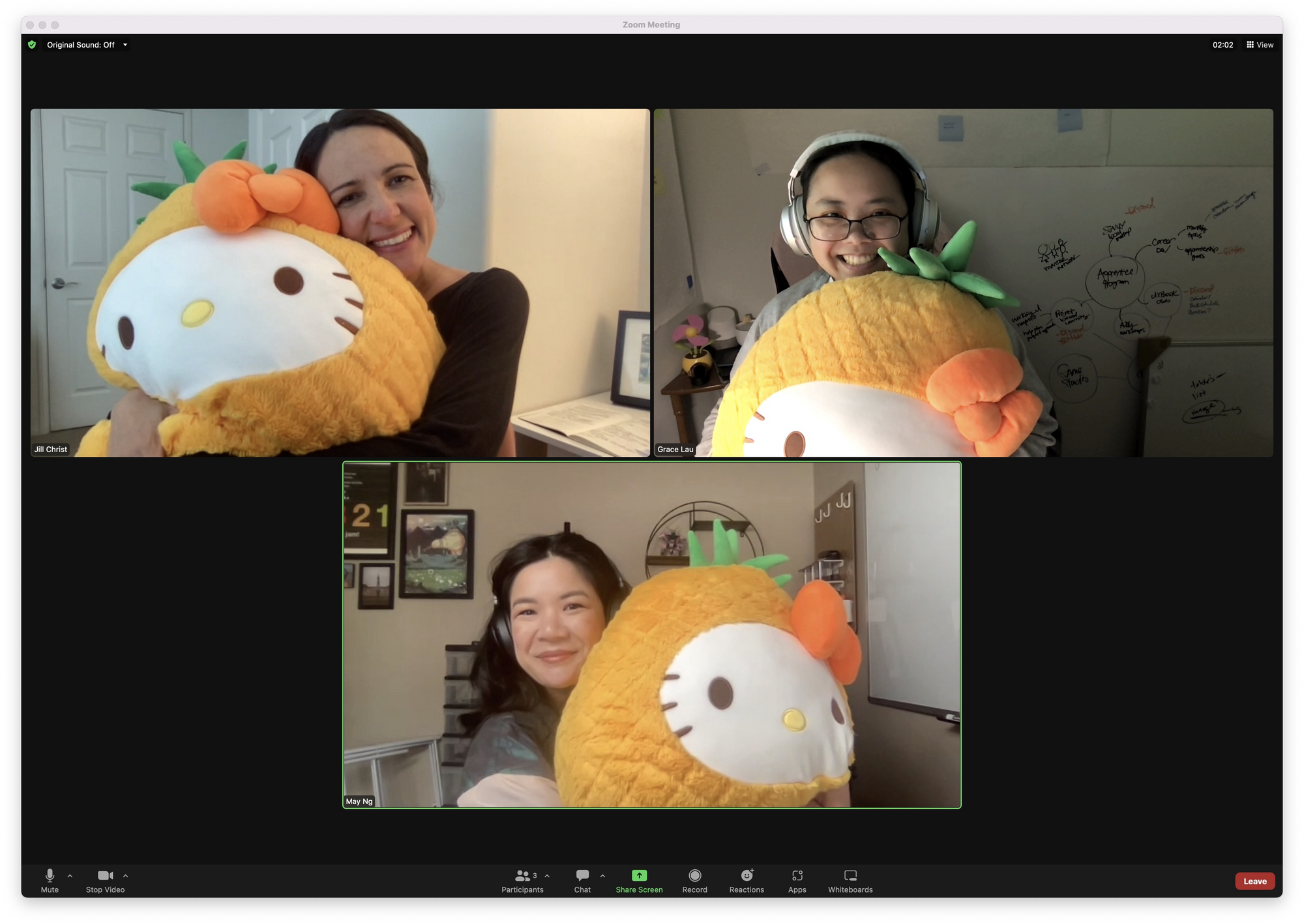 Jill’s last mentoring session with May ft. Grace! Everyone’s holding a Squishmallow we’ve affectionately named Bolo Mao (Pineapple Kitty). New DIA mascot…?