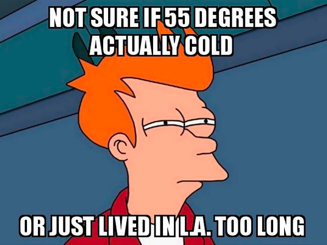 Orange-haired cartoon character with squinted eyes as if confused. Words on image: Not sure if 55 degrees actually cold or just lived in L.A. too long. 