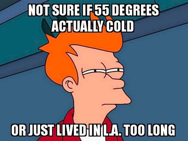 Orange-haired cartoon character with squinted eyes as if confused. Words on image: Not sure if 55 degrees actually cold or just lived in L.A. too long.