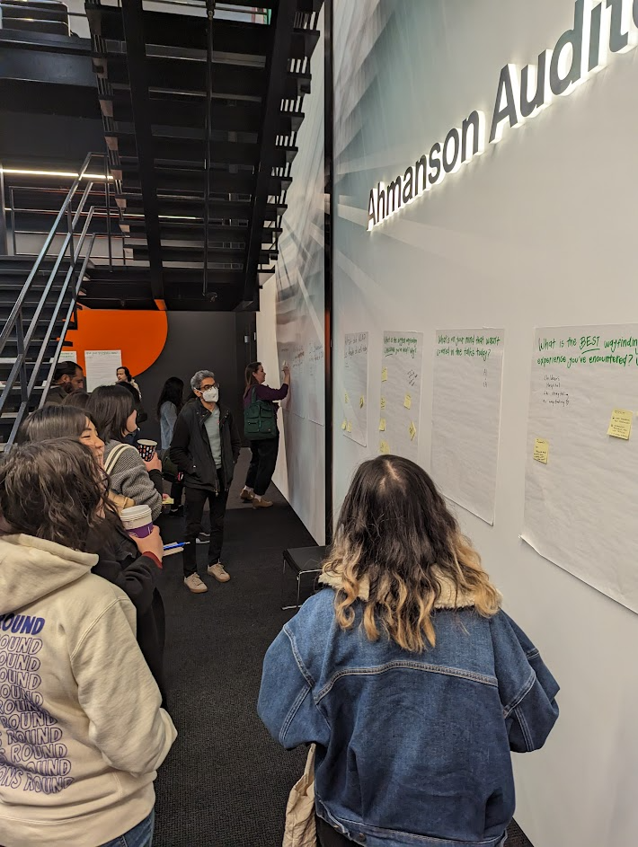 A group of people looking at or writing on a wall of paper whiteboards.