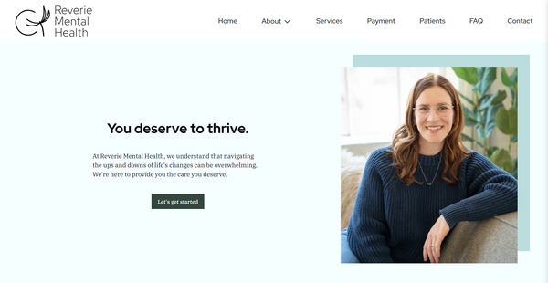 The hero header of the redesigned Reverie Mental Health website with an image of our client, MacKenzie Kampa. 